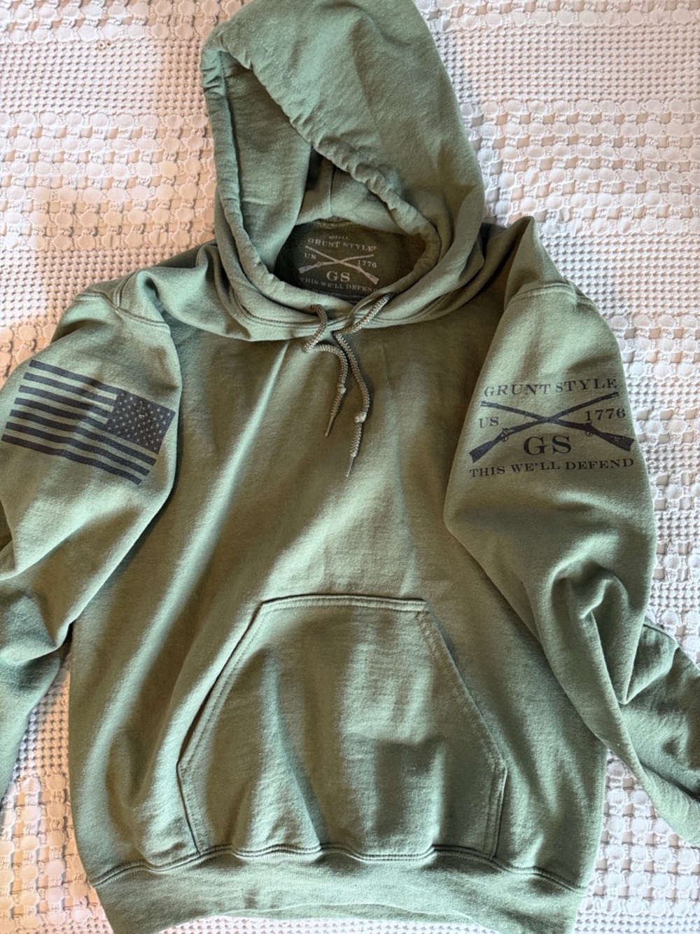 Grunt Style Olive Green Pullover Hoodie with Sleeve Flag
